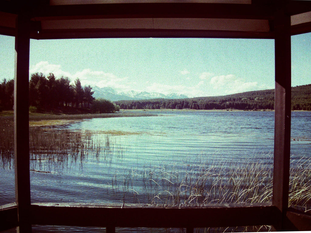 Lac de montagne avec roseaux et forêt de pins vu à travers un cadre de fenêtre en bois sombre, argentique