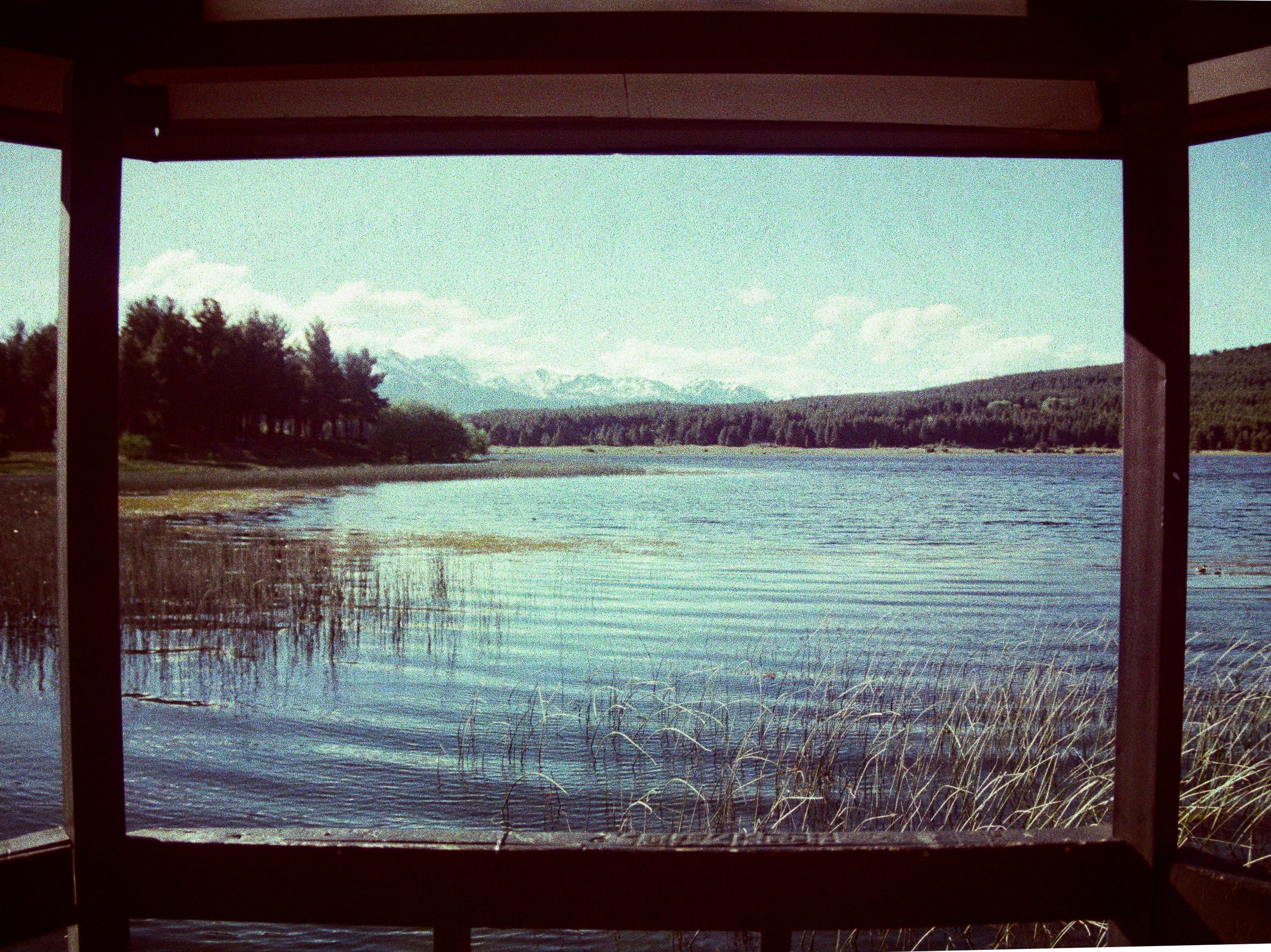 Lac de montagne avec roseaux et forêt de pins vu à travers un cadre de fenêtre en bois sombre, argentique