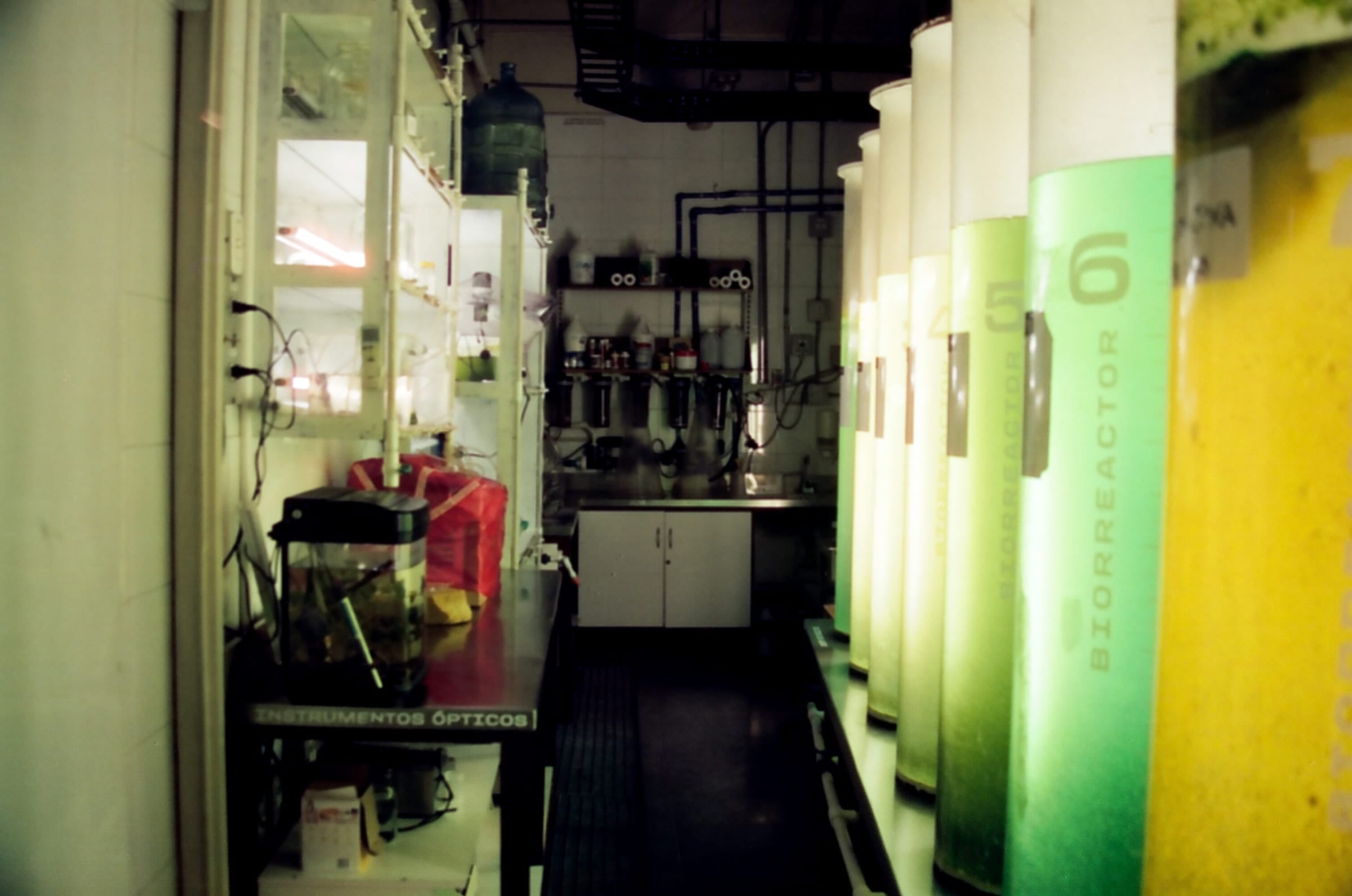 Rangée de cuves bioreacteurs vertes lumineuses dans un laboratoire de recherche de Medellín, photographie documentaire couleur