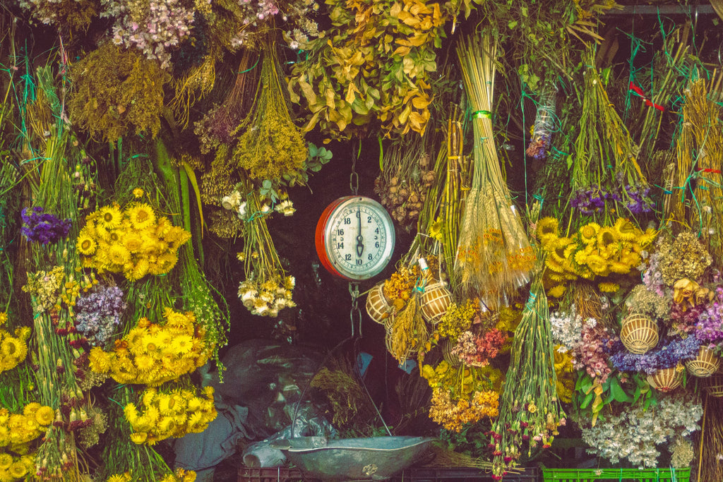 Étal de marché aux fleurs de Medellín débordant de fleurs séchées et fraîches suspendues autour d'une balance vintage, couleur